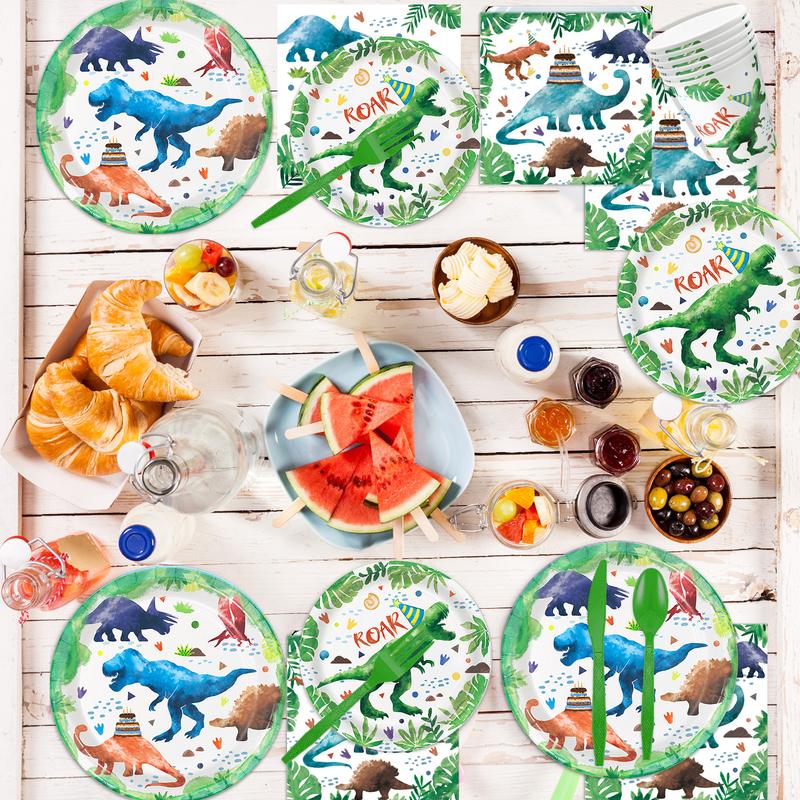 169 Pcs Watercolor Dinosaur Party Supplies Dinosaur Theme Birthday Party Decoration Includes Banner Plates Cups Napkins Knives Forks Spoons Tableware for Boys Birthday, Serves 24 Guests