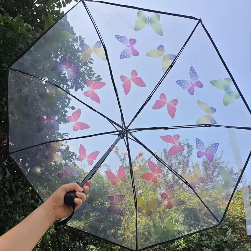 Butterfly Pattern Umbrella, 1 Count Transparent Automatic manual Triple Fold Umbrella, Suitable for Outdoor Photography & Street Photography