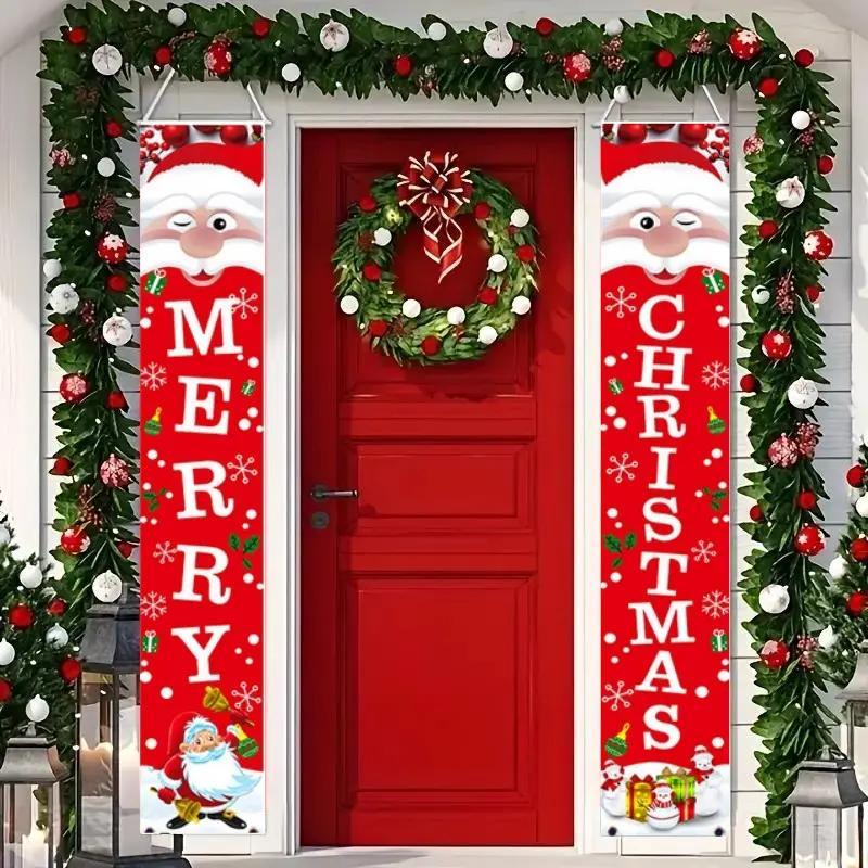 Christmas Door Banner, 1 Pair Merry Christmas Door Hanging Banner, Outdoor Door Decoration for Home, Office, Garden and Yard