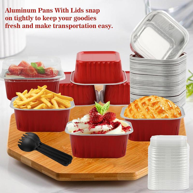 Baking Cups With Lids, 30 count 5OZ Square Mini Cake Pans With Lids Mini Disposable Cake Pans with Lids Cupcake Containers Mini Aluminum Pans with Lids for Birthday Wedding,Red