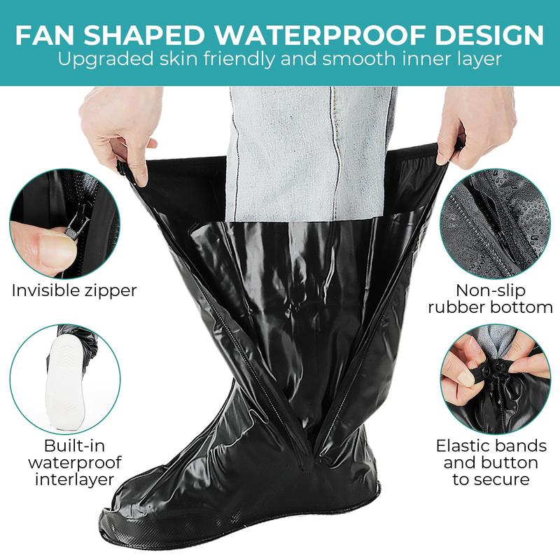 Waterproof Rain Boot Shoe Covers, Reusable & Foldable Waterproof Rain Overshoes with Non-Slip Sole Full-Length Rain Boots Protective Gear with Zipper for Men and Women(L)