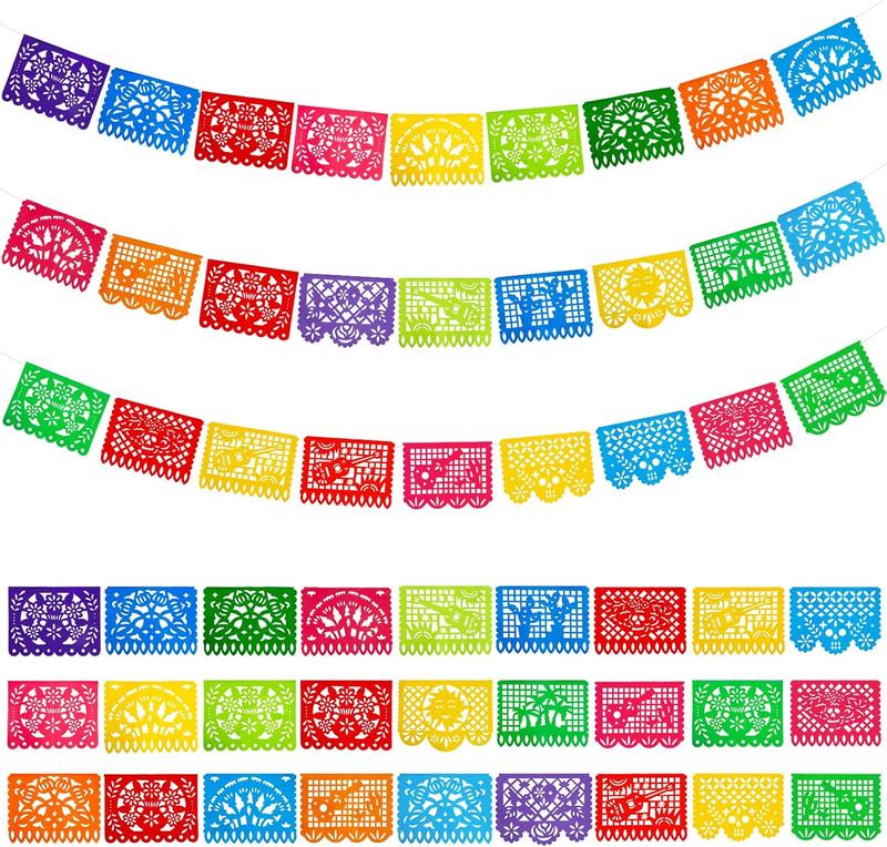 3 Packs Mexican Party Banner, 54 Feet Plastic Banner Cinco de Mayo Dia De Los Muertos Decor Day of The Dead Papel Picado Decorations Mexican Garland