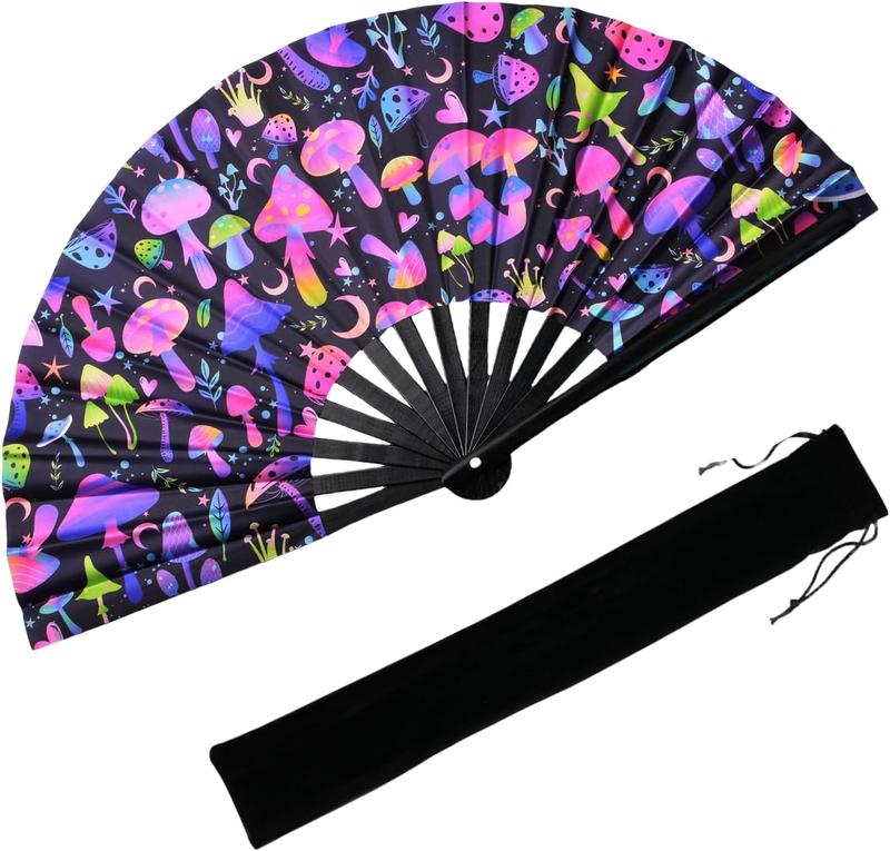 UV Glow Large Rave Folding Hand Fan for Men Women, Rave Essentials, Decorative Folding Hand Fan for Party, Home Decoration, Gift, Music Festival Essential, EDM Rave Accessories (Mushrooms)