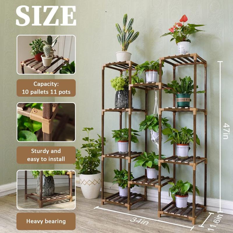 Plant Stand Indoor Outdoor, Tall Plant Shelf for Multiple Plants, 10 Tiers 11 Pot Large Plant Rack Wood Plant Holder Plant Shelves for Room Corner Balcony Garden Patio