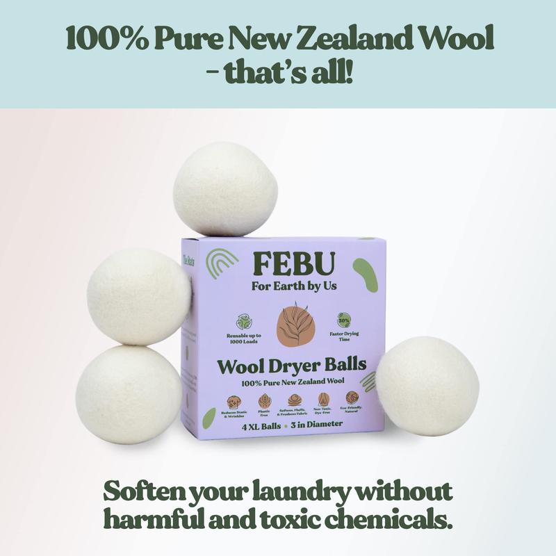 FEBU Wool Dryer Balls, 4-Pack, XL | 100% New Zealand Wool | Natural, Plastic-Free Reusable Fabric Softener for Laundry | Alternative to Dryer Sheets | Reduces Wrinkles, Shortens Drying Time, Zero Waste