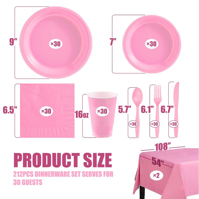 KesaPlan 212PCS Pink Disposable Dinnerware Set, Party Supplies, Including 30 of Pink Plastic Plates, 12 oz Pink Cups, Pink Utensils and Napkins, 2 Table Covers, Serve 30 Guests for Birthday Wedding