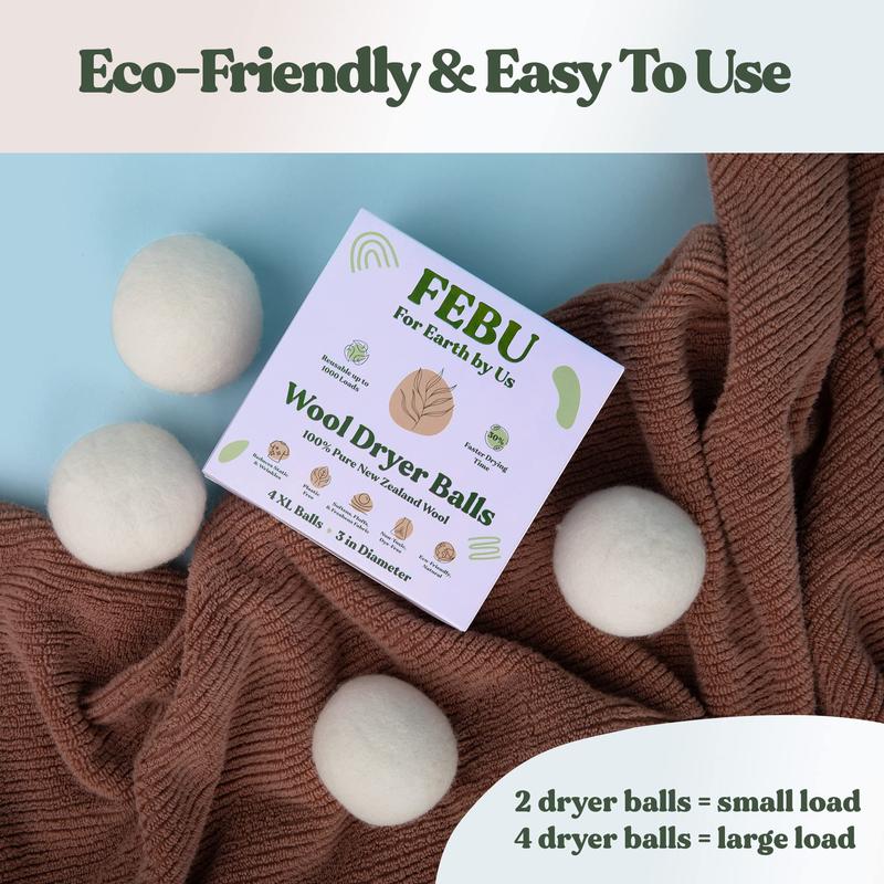 FEBU Wool Dryer Balls, 4-Pack, XL | 100% New Zealand Wool | Natural, Plastic-Free Reusable Fabric Softener for Laundry | Alternative to Dryer Sheets | Reduces Wrinkles, Shortens Drying Time, Zero Waste