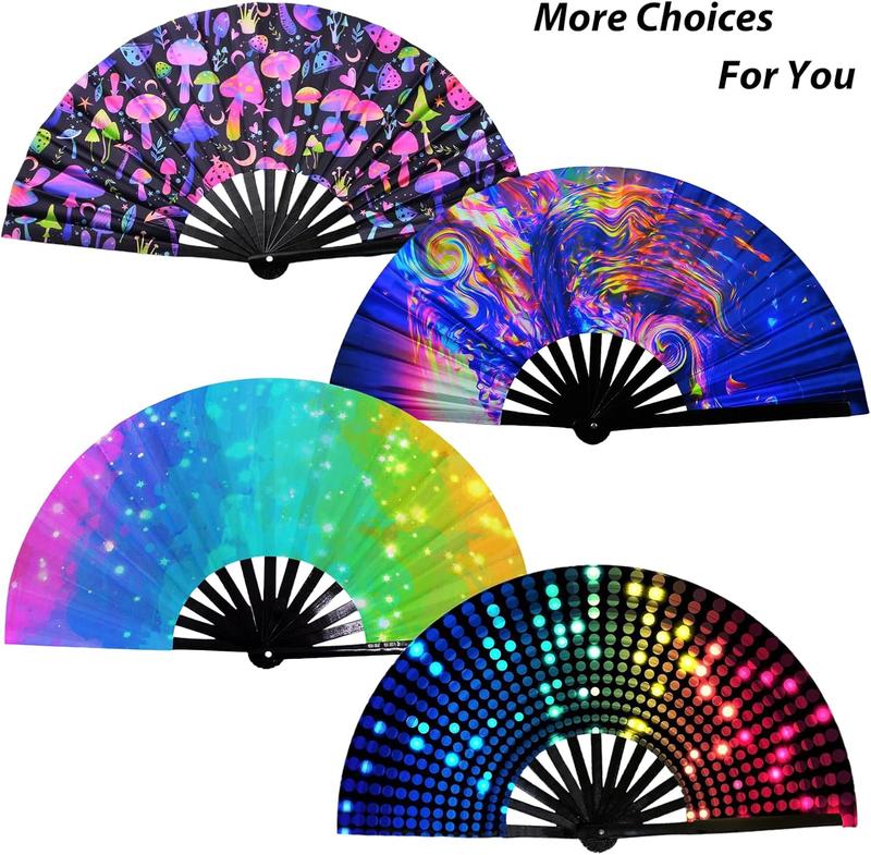 UV Glow Large Rave Folding Hand Fan for Men Women, Rave Essentials, Decorative Folding Hand Fan for Party, Home Decoration, Gift, Music Festival Essential, EDM Rave Accessories (Mushrooms)