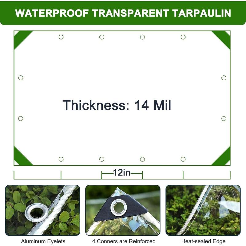 8x10ft Clear tarp, Clear Heavy Duty tarp 14Mil Thickened Transparent  Resistant Water Resistant PVC Vinyl Tarpaulin Enclosurewith Grommets and Reinforced Edges for Patio,Porch, Outdoor