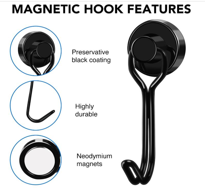 Strong Magnetic Hooks, 25 LBS Swivel Magnetic Hooks Cruise, Black Magnetic Hooks for Hanging, Grill, Cruise Cabins, Refrigerator, Kitchen, Door, Locker, Key and Calendar - Pack of 6 Organiser Decor Installation Iron