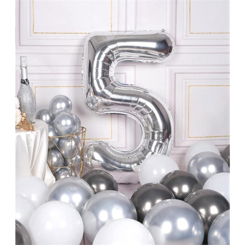 40 Inch Big Silver 5 Balloon Number Large Foil Number Balloons 0-9 Jumbo Giant Happy Birthday Party Decorations Huge Mylar Anniversary Party Supplies