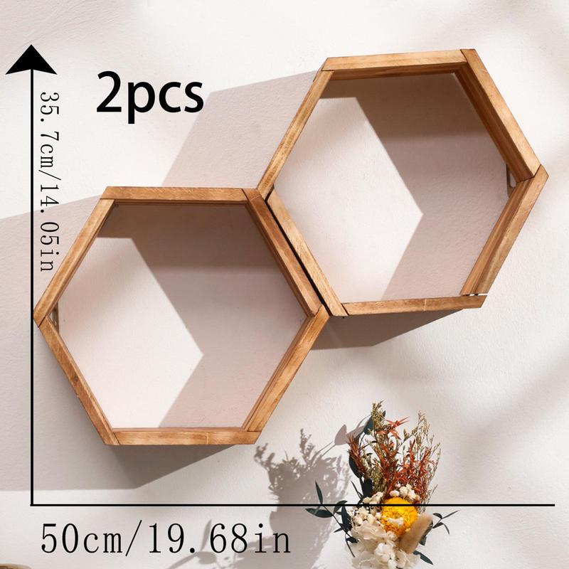 Hexagon Shaped Wooden Hanging Shelf, Room Decor Wall Mounted Floating Rack,  Wall Organizer Shelf, Wall Decor for Home Living Room Bedroom