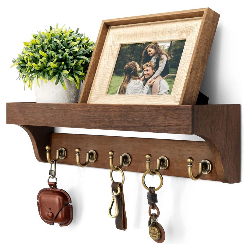 Rustic Key Holder for Wall, Farmhouse Wall Shelf with 4 Hooks, Wall Mounted Key Racks, Wooden Mail Organizer with Hooks for Entryway