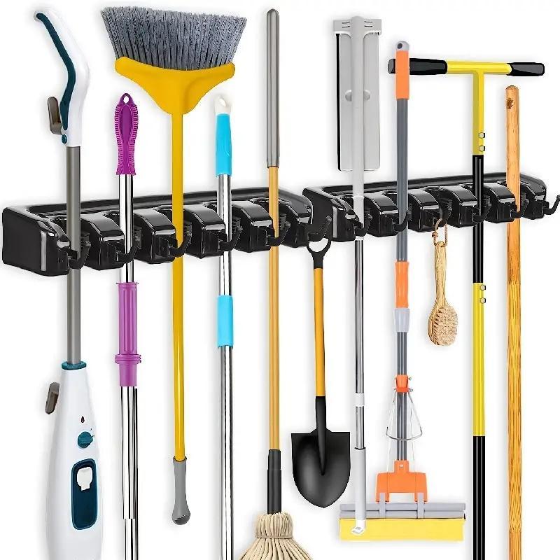 Wall Mounted Mop & Broom Holder, 1 Count Multifunctional Mop & Broom Storage Rack with Hooks, Household Cleaning Tool Organizer for Home Bathroom