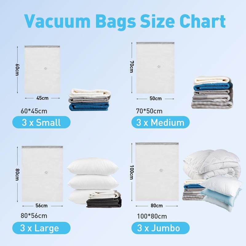 12 Pack Space Saver Bags, Compression Storage Bags for Comforters, Vacuum Sealer Bags for Clothes Storage, Electric pump Included, Organiser