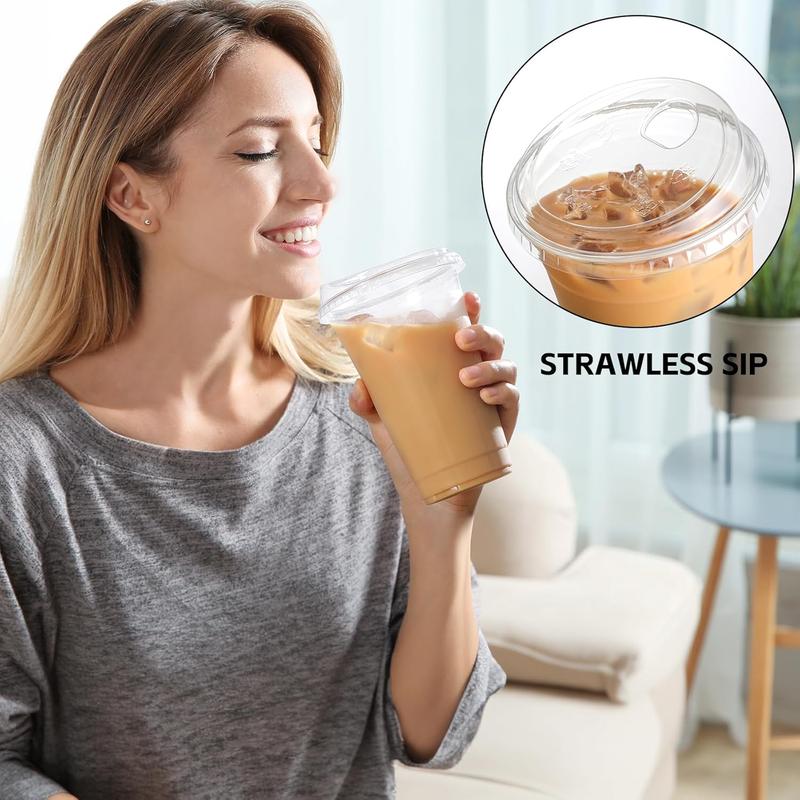 100 Sets Crystal Clear Plastic Cups With Strawless Sip-Lids, BPA Free Disposable Plastic Cups with Lids, To Go Cups for Iced Coffee, Smoothies, Party Drinks, Bubble Tea, Cold Beverage