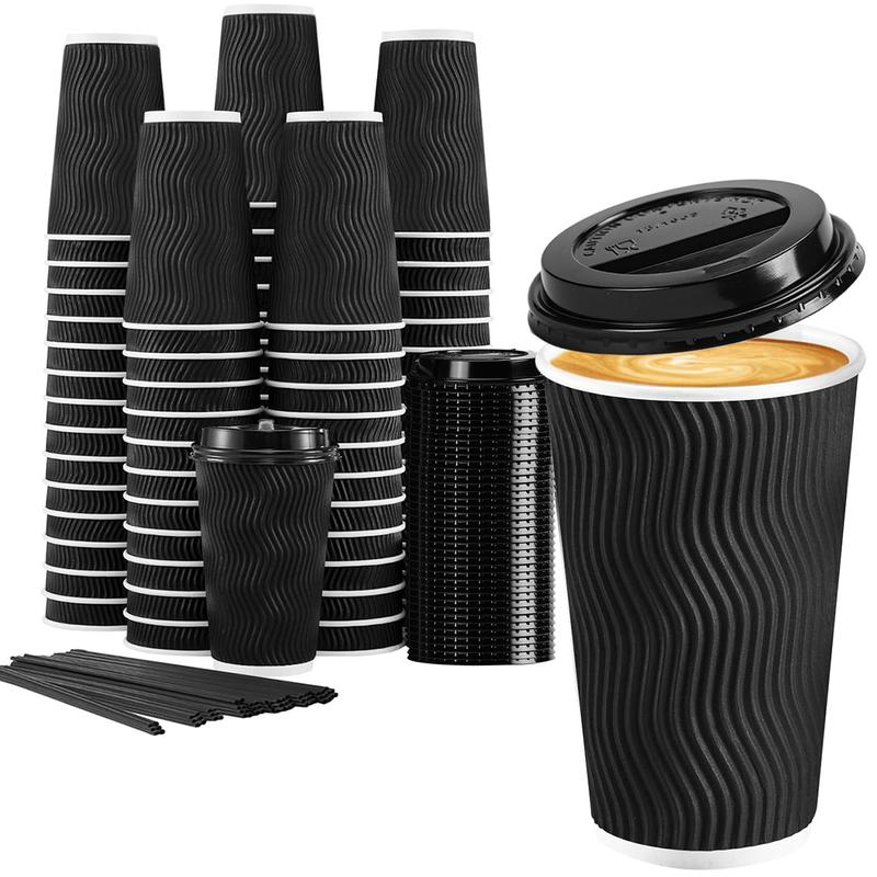 16 oz Coffee Cups with Lids, 60 Pack Insulated Ripple Paper Coffee Cups with Straws, Disposable Coffee Cups for Water, Juice, Coffee (Black). Thick