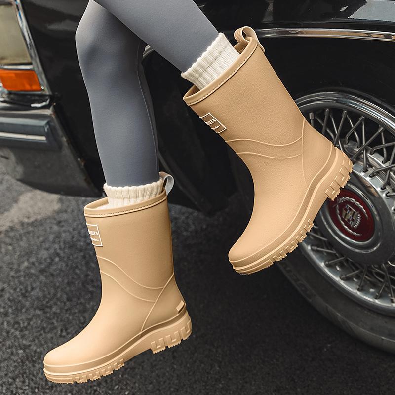 Rain Boots Women's Autumn and Winter New Fleece-lined One Thickened Warmth Retention Material Rain Boots Mid-High Tube Non-Slip Waterproof Ladies Rain Shoes