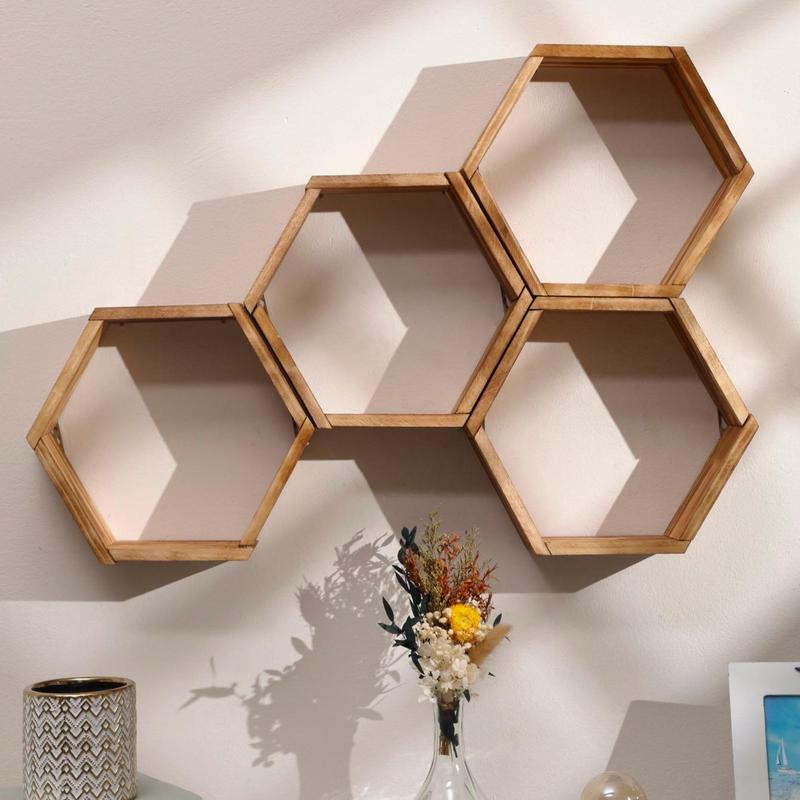 Hexagon Shaped Wooden Hanging Shelf, Room Decor Wall Mounted Floating Rack,  Wall Organizer Shelf, Wall Decor for Home Living Room Bedroom