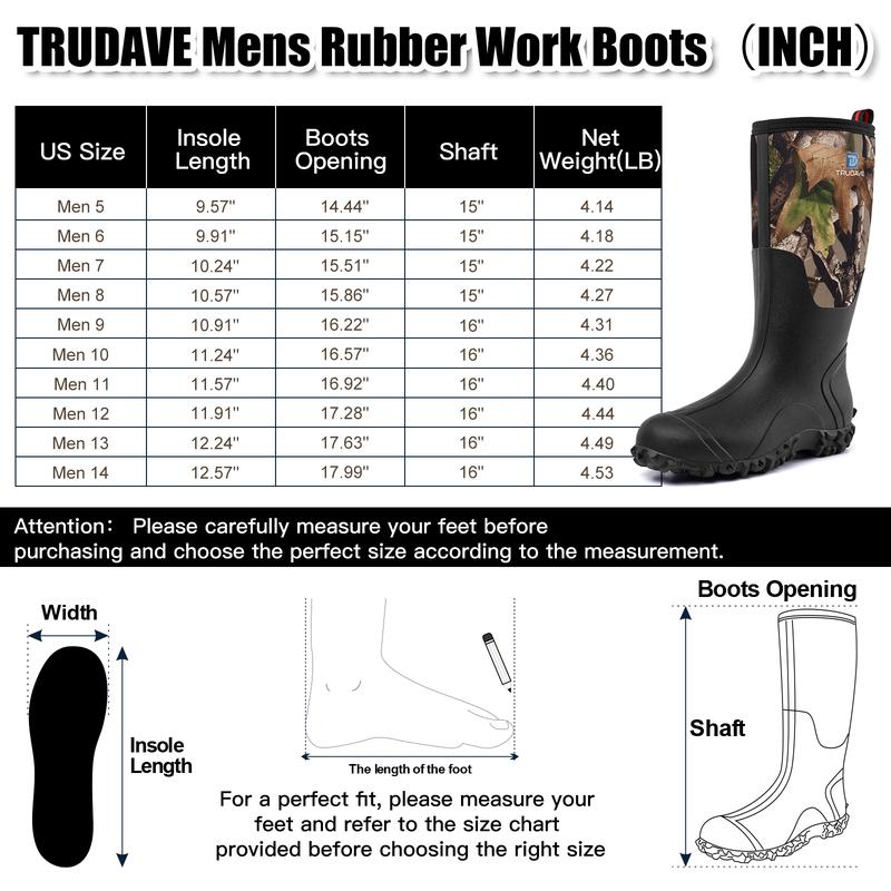 TruDave Rubber Boots for Men with Steel Shank, Waterproof Work Rain Boots, 6mm Neoprene Anti-slip Mud Boots, Size 5-14 Comfortable Industrial Shoe