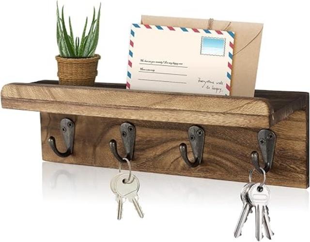 Rustic Key Holder for Wall, Farmhouse Wall Shelf with 4 Hooks, Wall Mounted Key Racks, Wooden Mail Organizer with Hooks for Entryway