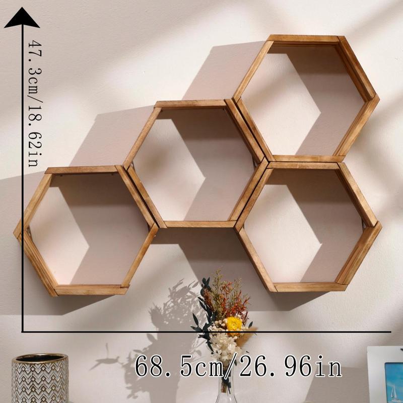 Hexagon Shaped Wooden Hanging Shelf, Room Decor Wall Mounted Floating Rack,  Wall Organizer Shelf, Wall Decor for Home Living Room Bedroom