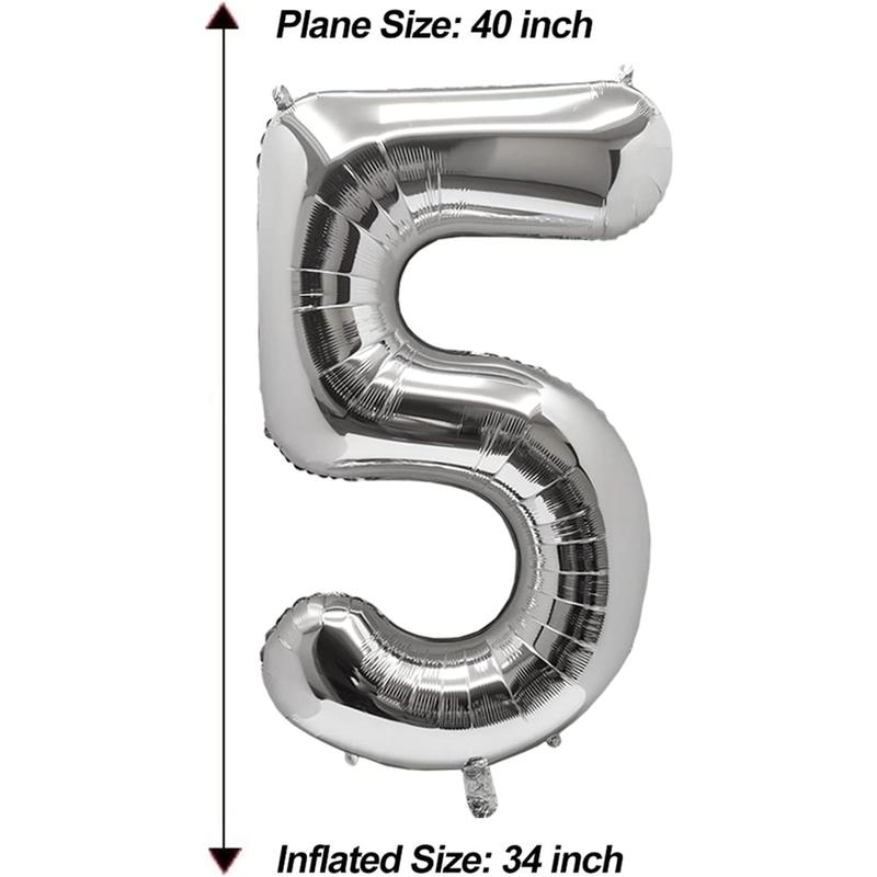 40 Inch Big Silver 5 Balloon Number Large Foil Number Balloons 0-9 Jumbo Giant Happy Birthday Party Decorations Huge Mylar Anniversary Party Supplies