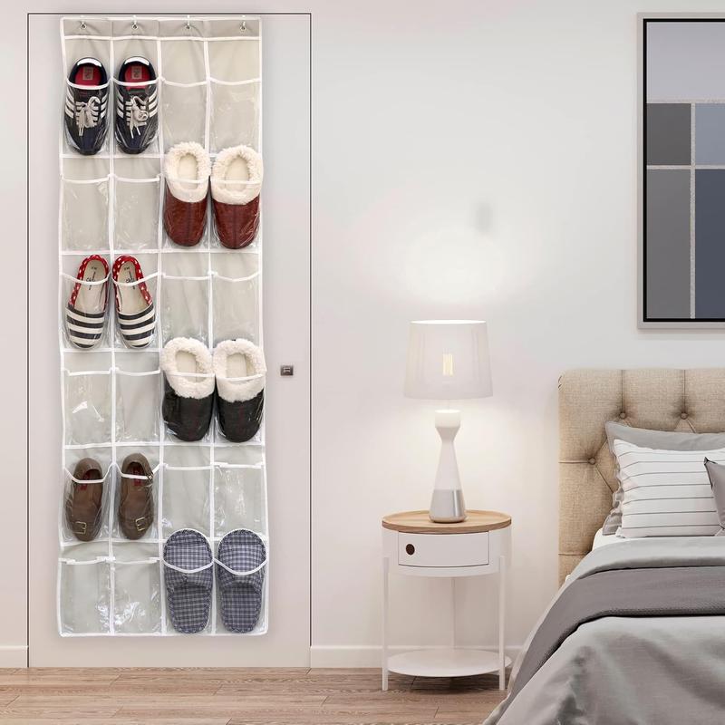 Over-the-door shoe organizer with 24 clear pockets, measures 64 inches by 19 inches, in gray color.