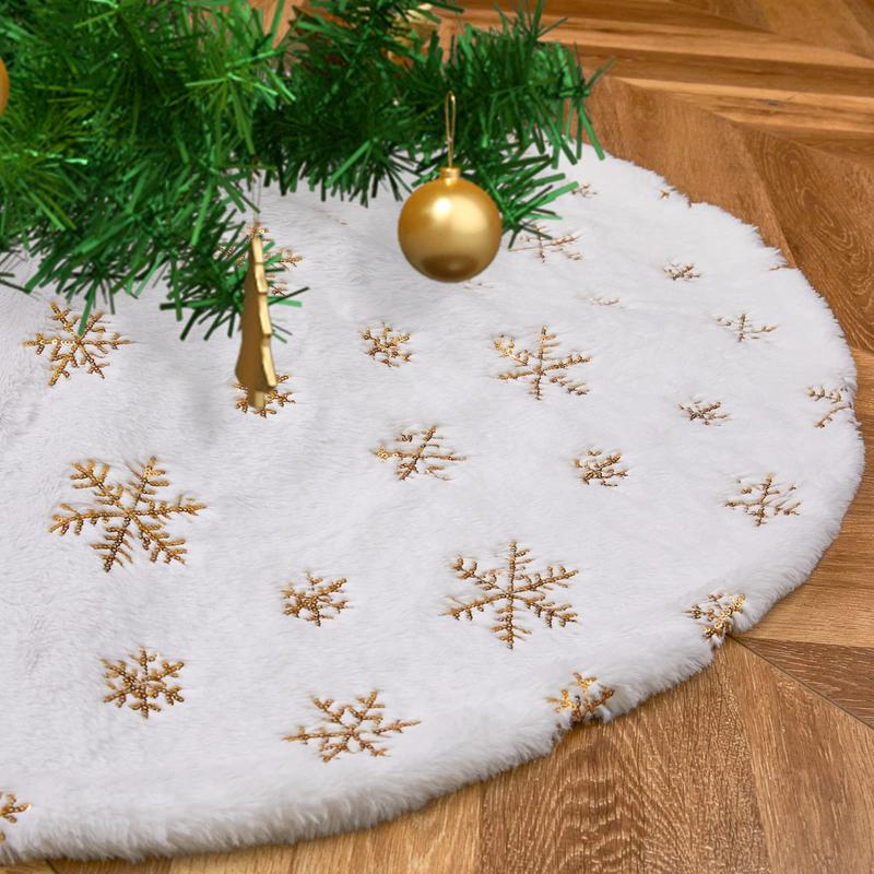 Small Tree Skirt 24 36 48 Inches Christmas White Faux Fur Tree Skirts 4ft Mini Gold Sequin Snowflakes Ornaments Decor