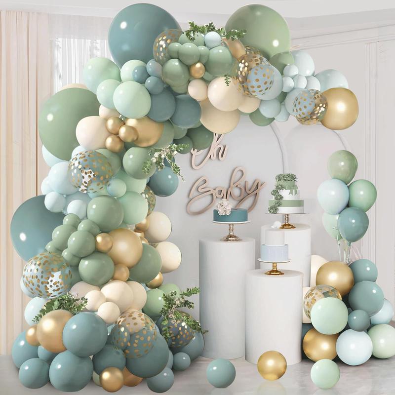 Dusty Blue Sage Green Balloon Arch Kit, Pastel Blue Green Sand White Gold Confetti Balloons Garland Kit for Baby Shower Wedding Bridal Boho Birthday Party Backdrop Decorations