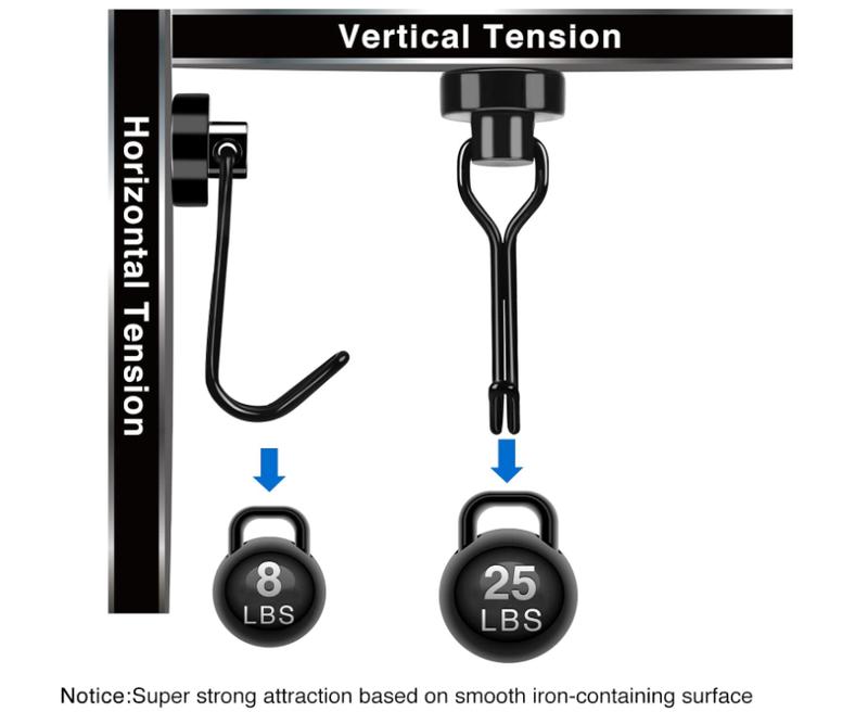 Strong Magnetic Hooks, 25 LBS Swivel Magnetic Hooks Cruise, Black Magnetic Hooks for Hanging, Grill, Cruise Cabins, Refrigerator, Kitchen, Door, Locker, Key and Calendar - Pack of 6 Organiser Decor Installation Iron