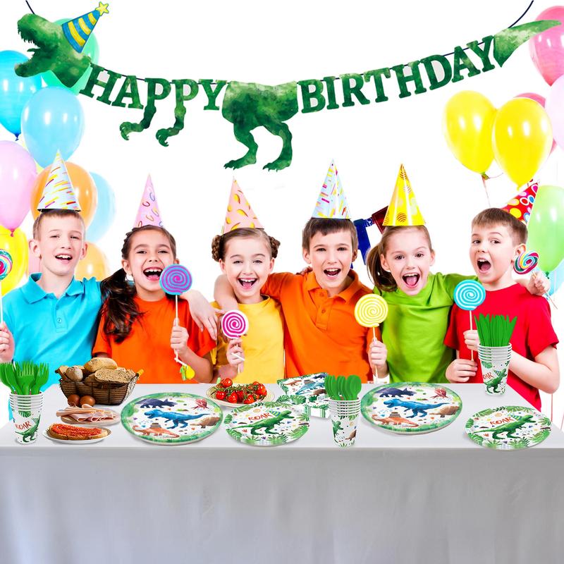 169 Pcs Watercolor Dinosaur Party Supplies Dinosaur Theme Birthday Party Decoration Includes Banner Plates Cups Napkins Knives Forks Spoons Tableware for Boys Birthday, Serves 24 Guests