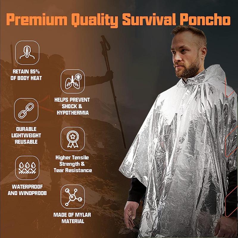 Waterproof Outdoor Rain Poncho, Emergency Weather Resistant Poncho, Heat Retention Raincoat, Emergency Equipment for Camping, Hiking, Solocamping, Bikepacking, Glamping, Music Festival Accessories, Camping Accessories