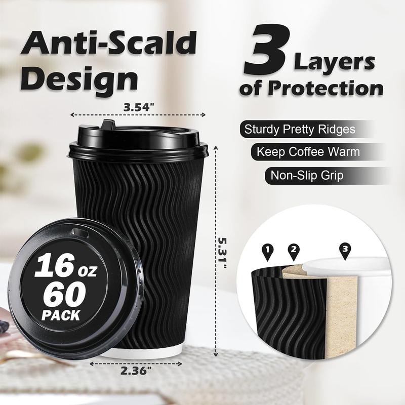 16 oz Coffee Cups with Lids, 60 Pack Insulated Ripple Paper Coffee Cups with Straws, Disposable Coffee Cups for Water, Juice, Coffee (Black). Thick