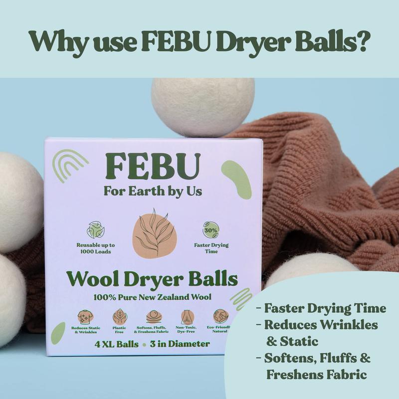 FEBU Wool Dryer Balls, 4-Pack, XL | 100% New Zealand Wool | Natural, Plastic-Free Reusable Fabric Softener for Laundry | Alternative to Dryer Sheets | Reduces Wrinkles, Shortens Drying Time, Zero Waste