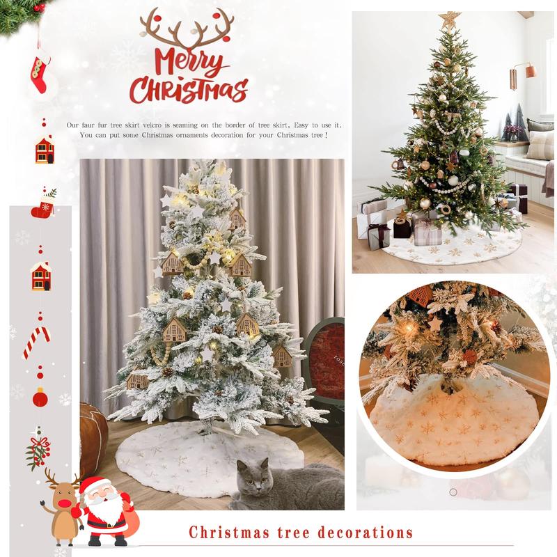 Small Tree Skirt 24 36 48 Inches Christmas White Faux Fur Tree Skirts 4ft Mini Gold Sequin Snowflakes Ornaments Decor