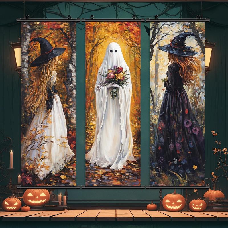 Cartoon Themed Hanging Banner, 3 Counts set Ghost Witch Pattern Wall Decor, Wall Art for Home Living Room Bedroom Yard