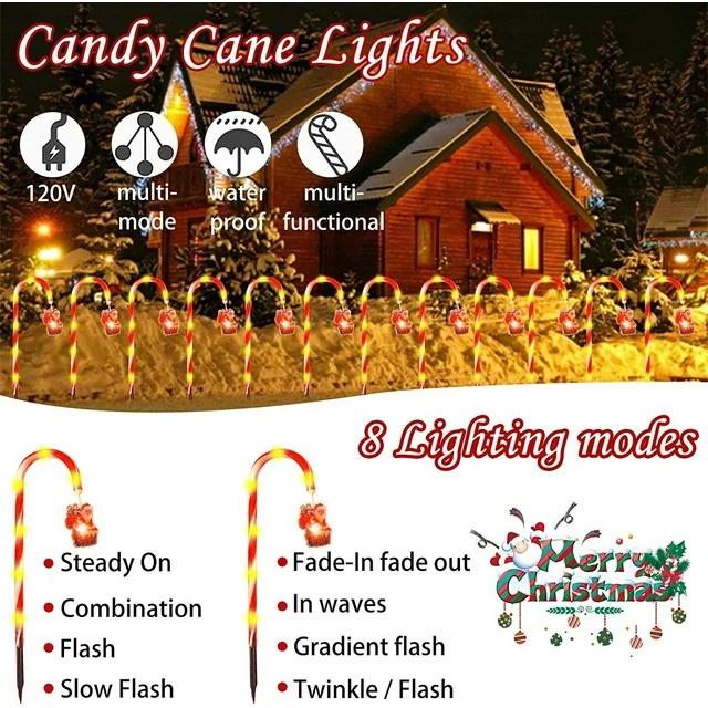 12 Pack Christmas Decorations Outdoor Solar Candy Cane Lights, Waterproof Solar Pathway Markers Yard Lights with Star, 8 Modes Xmas Decorations for Garden Yard Decor