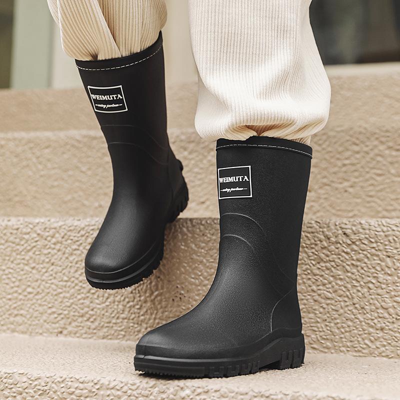 Rain Boots Women's Autumn and Winter New Fleece-lined One Thickened Warmth Retention Material Rain Boots Mid-High Tube Non-Slip Waterproof Ladies Rain Shoes