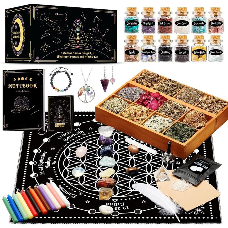 Supplies Kit, 80Pack  Starter Kit  Supplies and Tools Witchy Gifts for Beginners, Spell Candles, Chakra  Crystals and Dried  for Zodiac and Lunar Magick