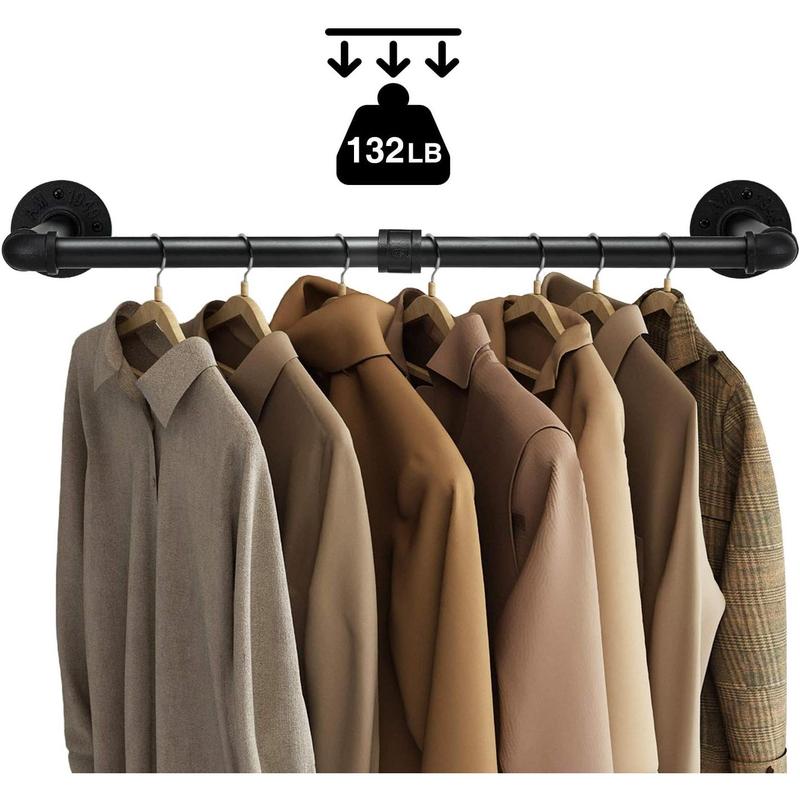 Clothes Rack, 36.2 Inch Industrial Pipe Wall Mounted Rack, Space-Saving Hanging Clothes Heavy Duty Detachable Garment Bar, Multi-Purpose Hanging Rod for Closet 2 Base (1 Pack) Accessories Laundry Hangable