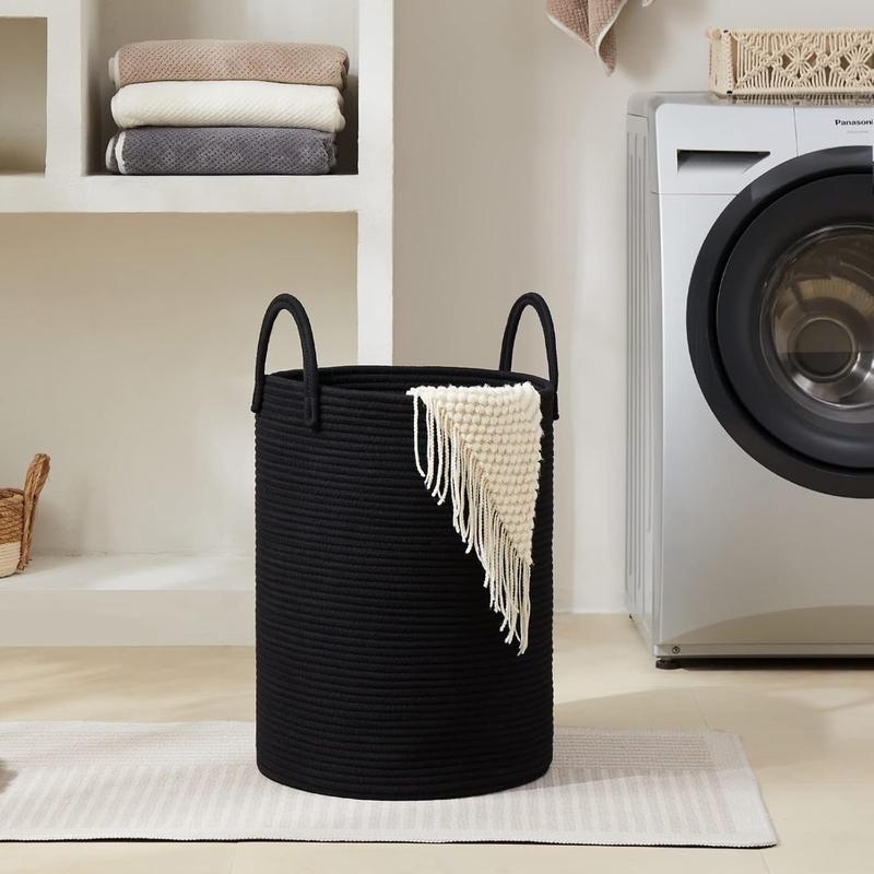 Woven Rope Laundry Basket, 58L Tall Laundry Hamper for Blanket Storage, Large Baby Nursery Basket for Laundry, Decorative Clothes Hamper for Bedroom, Living Room and Bathroom, Black