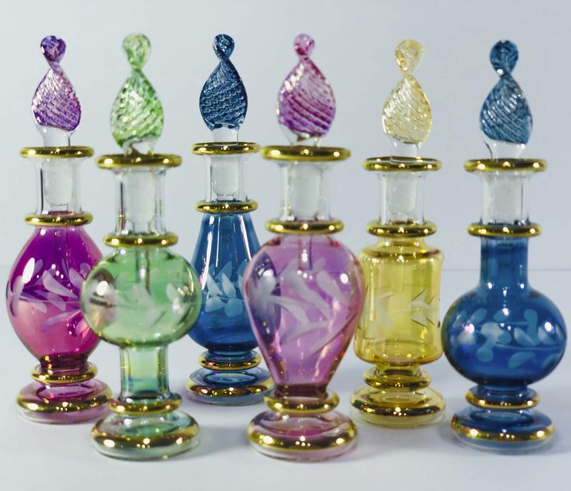 Set of 6 Handmade Egyptian Glass Perfume Bottles, 5 cm Miniatures with Gold Detailing