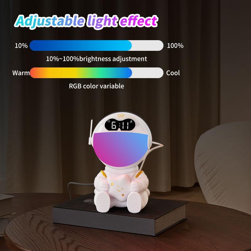 Astronaut Design Alarm Clock, USB Rechargeable Sunrise Simulation Alarm Clock with Wireless Speaker, Night Light, Gift