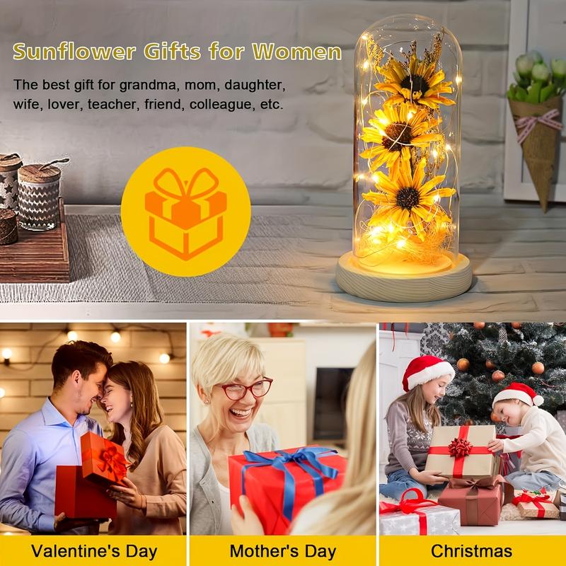 1 Piece Delightful Yellow Glass Dome Artificial Sunflower Decoration - LED Lighted Artificial Flower, Realistic Petals, Soft Warm Glow - Perfect Gift For Mother's Day, Valentine's Day, Christmas, Birthday, Ideal For Bedroom Or Party Ambiance