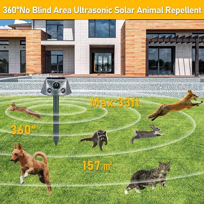 Ultrasonic Solar Animal Repeller for Yard, 6 Modes Outdoor Cat Repellent Squirrel Repellent with Motion Sensor & Flashing Light, Animals Deterrent for Squirrel Bird Deer Cat Skunk Dog for Yard Garden