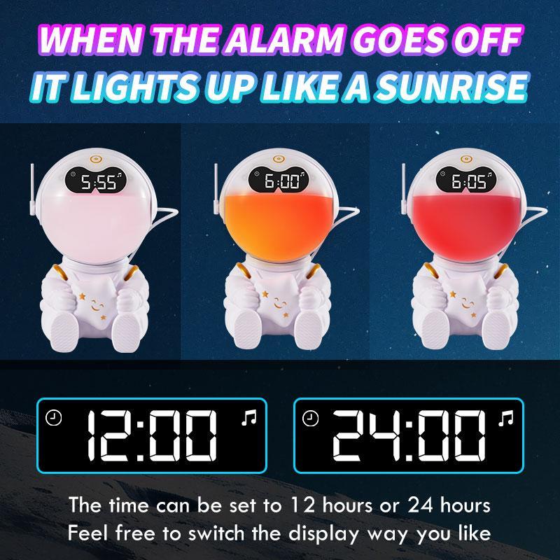 Astronaut Design Alarm Clock, USB Rechargeable Sunrise Simulation Alarm Clock with Wireless Speaker, Night Light, Gift