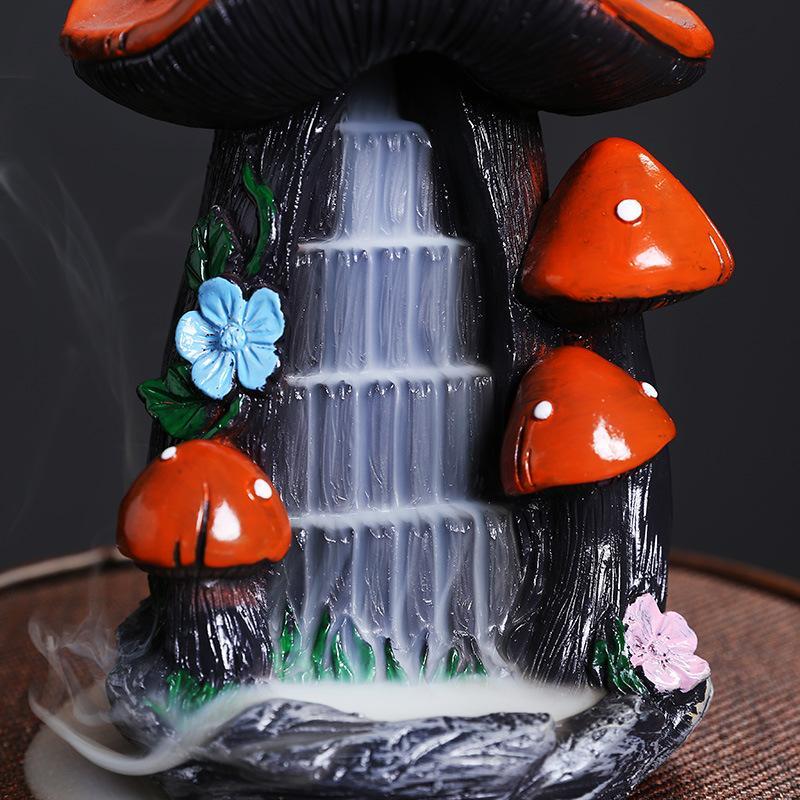 Creative Mushroom House Design Resin Incense Burner, Decorative Waterfall Backflow Effect Incense Holder for Home Living Room Bedroom