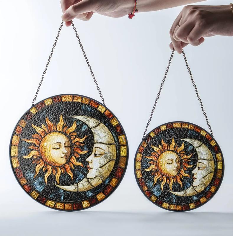 Sun & Moon Stained Glass Sun Catcher, Featuring Faces, Window Hanging Decor, Ideal Gift for Home Decoration.