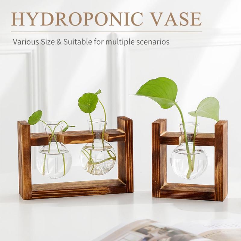 Wooden Plant Holder without Plant, 1 Count Creative Glass Vase with Wooden Stand, Desktop Plant Holder for Home Office Desktop Decoration